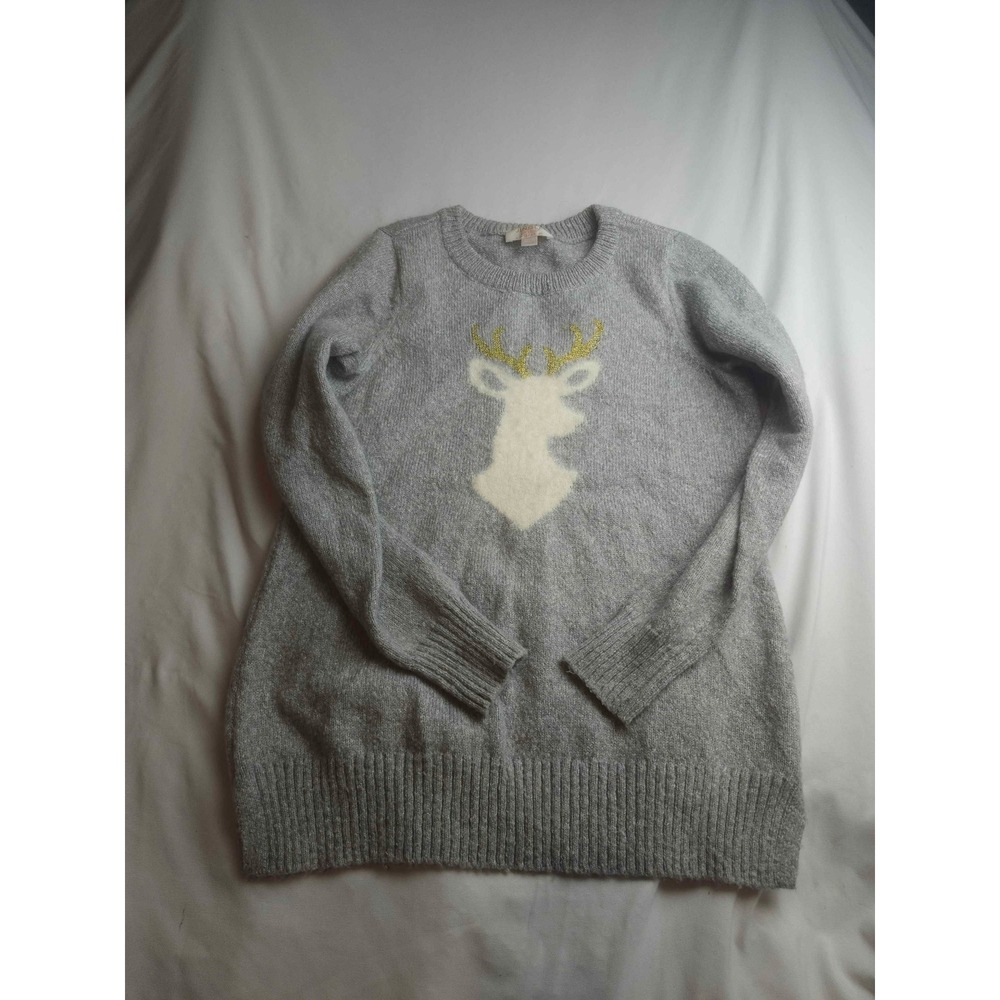 Jingle Belles Gray Reindeer Holiday Sweater Gold Glitter Antlers Womens XS